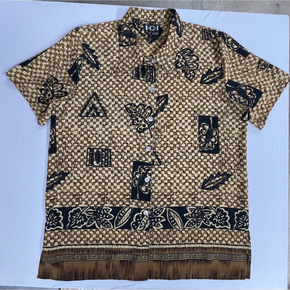 Vintage 90s Tribal Geometric Button Up Shirt Brown Tan Oversized 18W